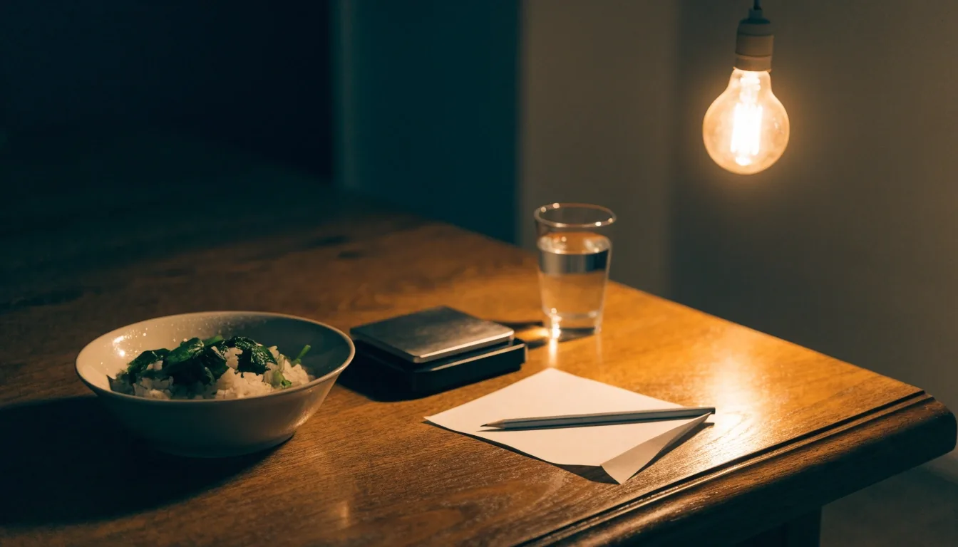 A bowl of rice and greens with a small kitchen scale and a blank folded sheet on a wooden table