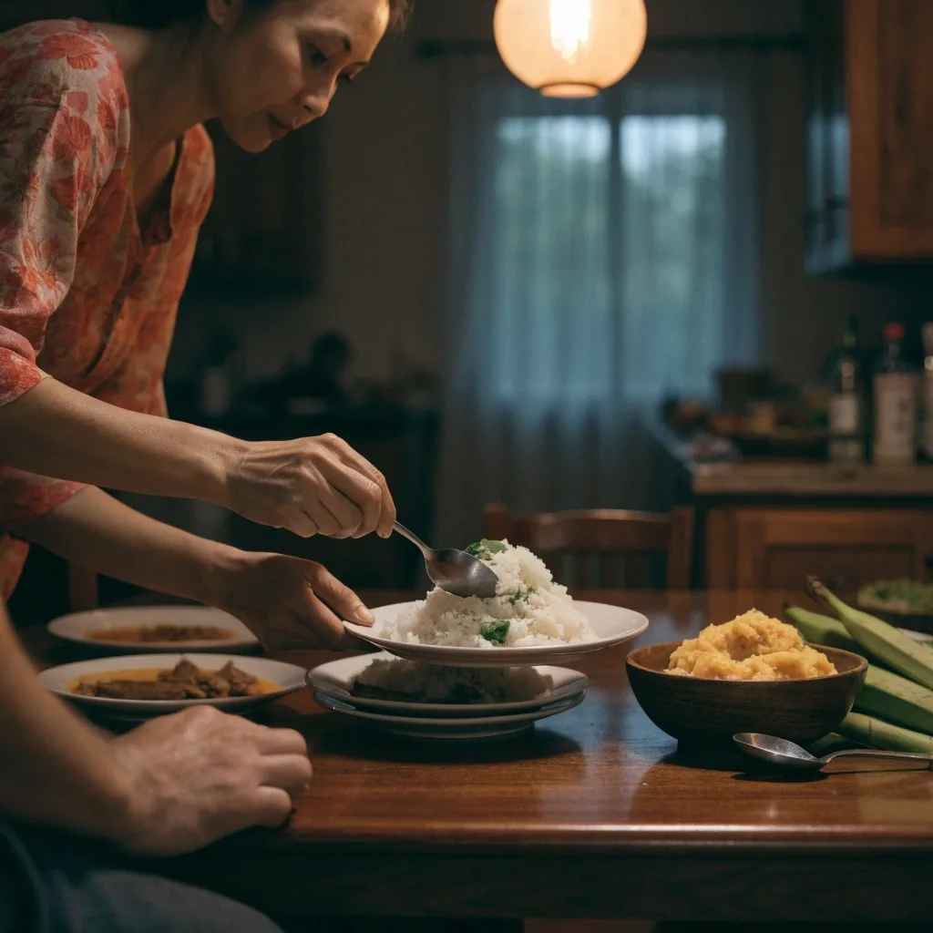 A set family table in the evening with rice, vegetables and a smaller bowl for a child