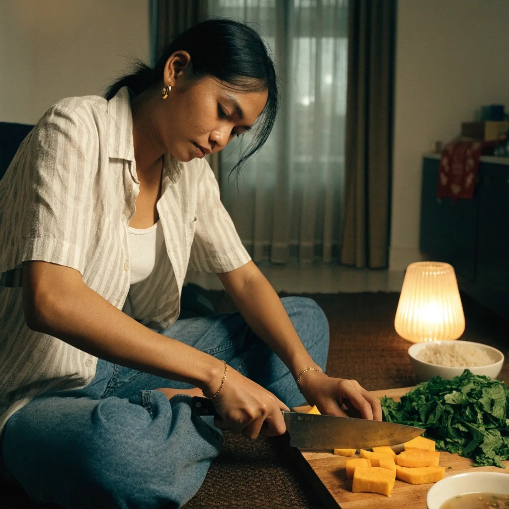 An Indonesian kitchen bench at night with greens, a knife and a bowl of rice under one warm lamp