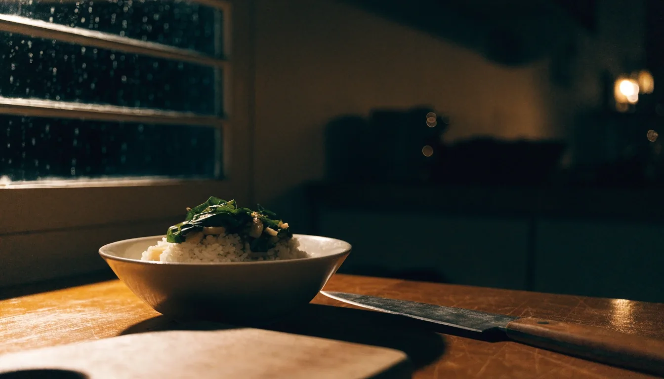 Rice bowl, greens and a knife on a wooden counter in an Indonesian home kitchen at night, rain on the window behind