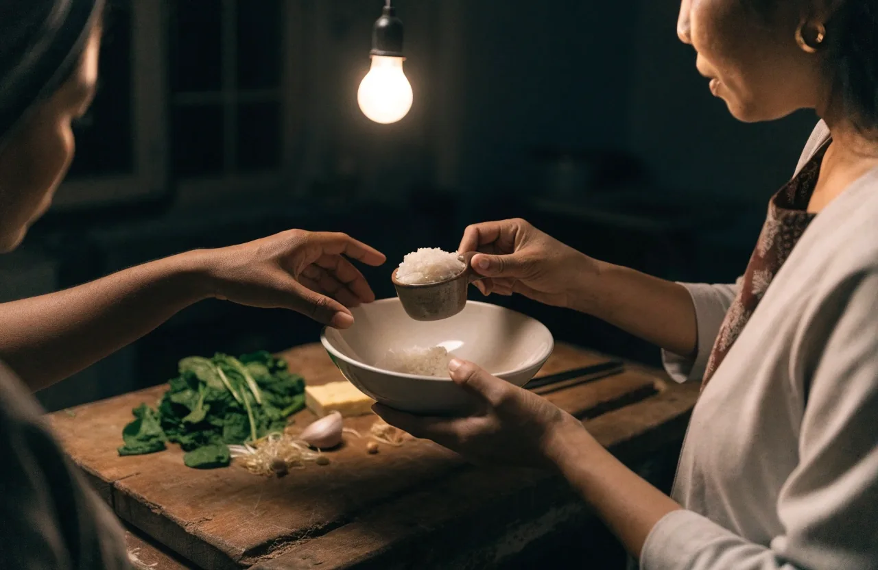 A nighttime kitchen counter with a rice bowl, knife on a board, and blank folded sheet under a single warm bulb