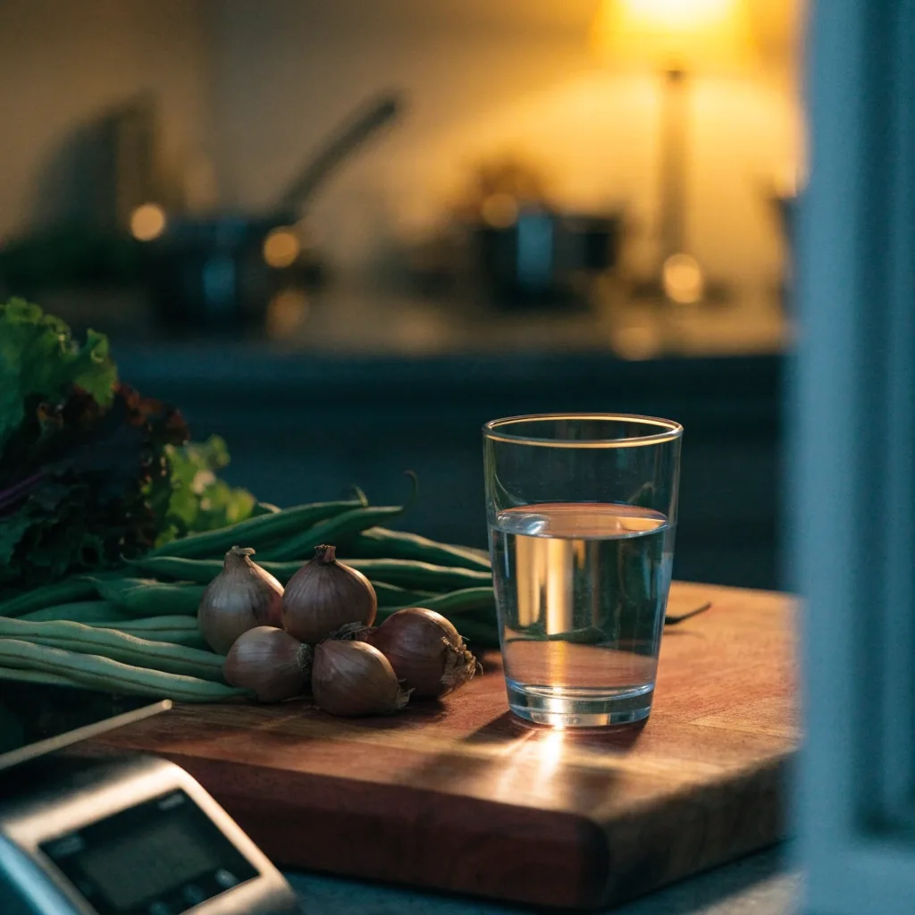 A kitchen scale holding a matte bowl of vegetables under warm rim light on a birch counter