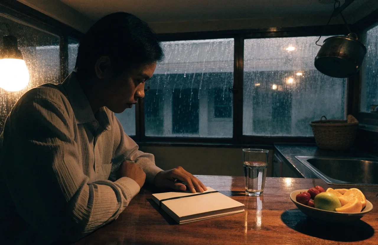 Two hands filling in a blank paper form at a kitchen table under warm lamp light