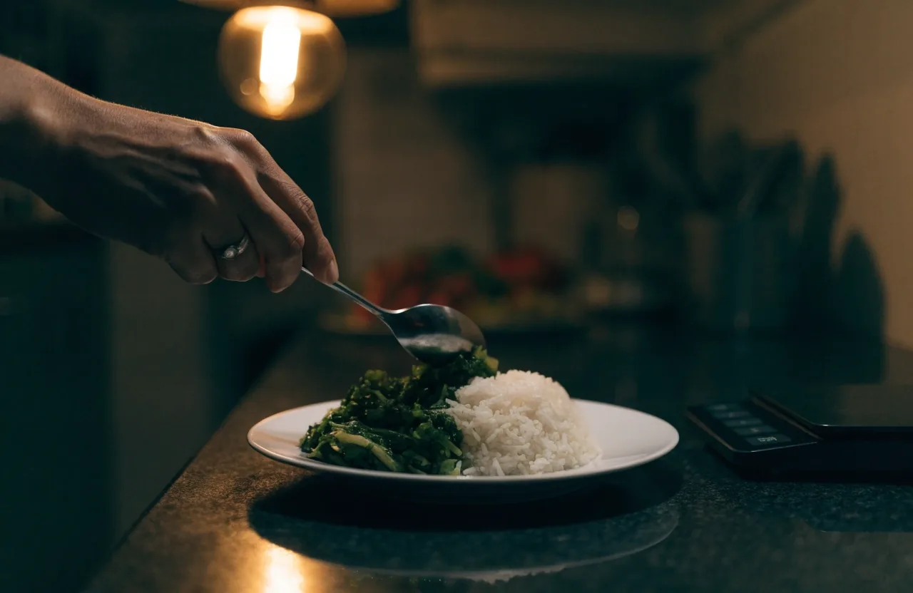 Hand over a blank sheet at a night kitchen table beside a bowl of food